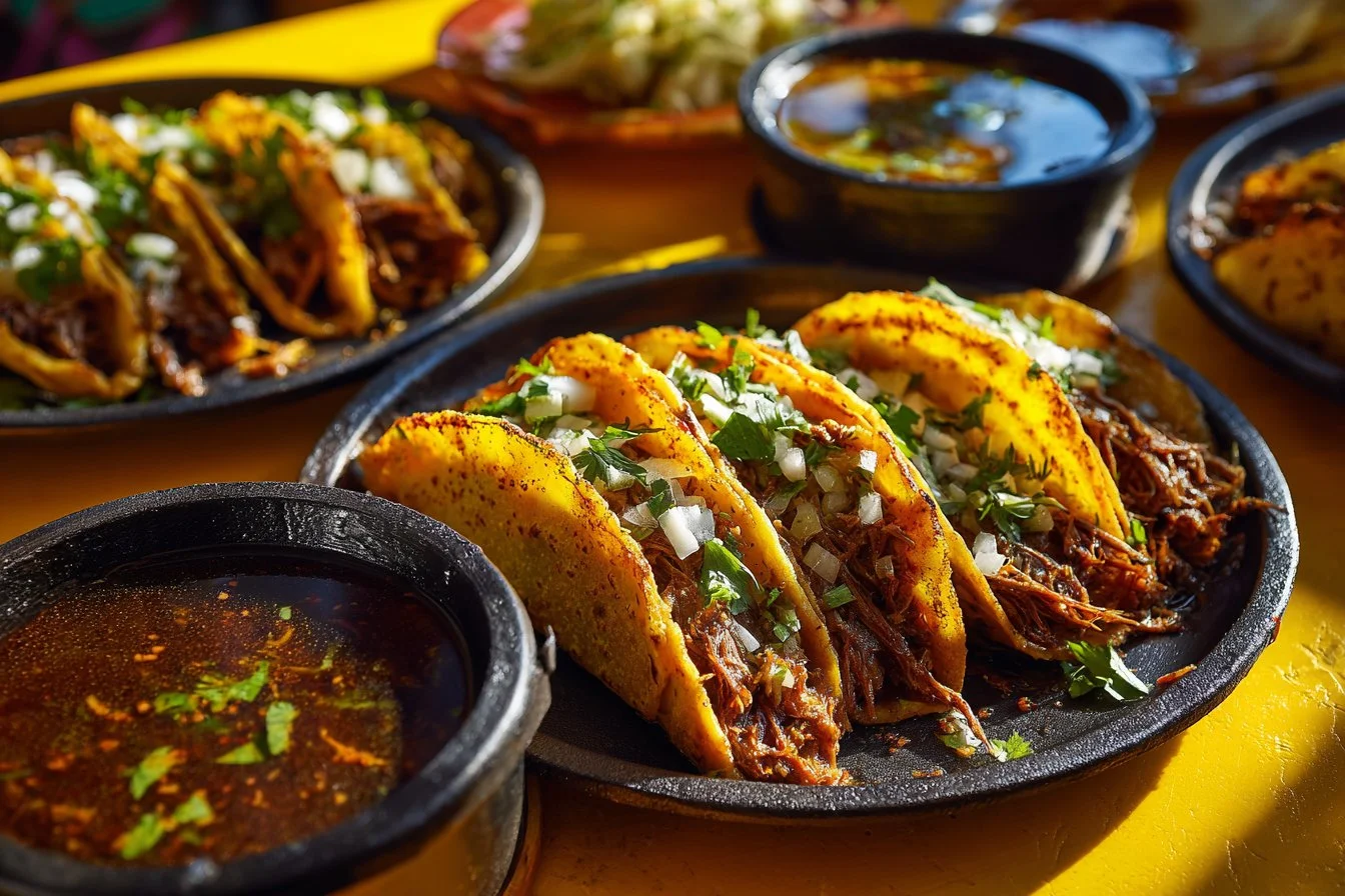 Delicious Birria Tacos served with dipping sauce and fresh herbs