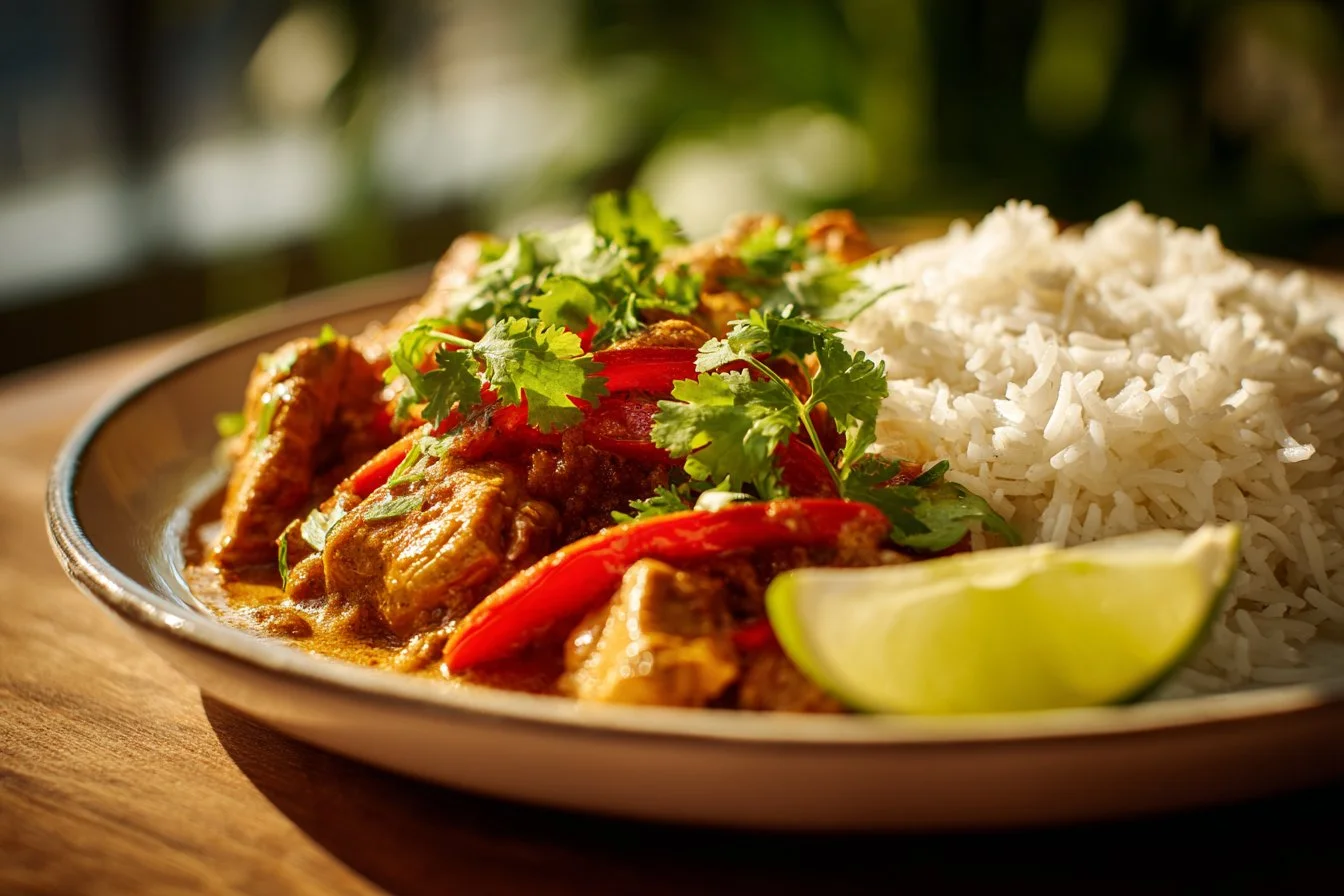 Plate of Brazilian Coconut Chicken with vibrant garnishes