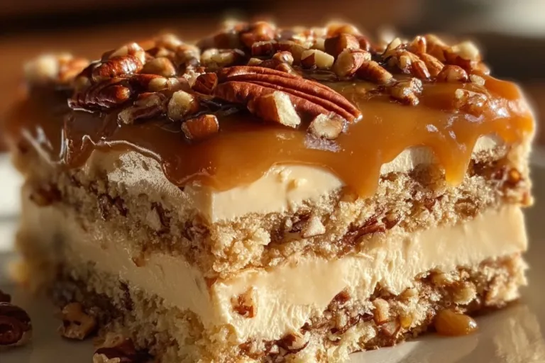Delicious Butter Pecan Praline Poke Cake topped with praline and pecans