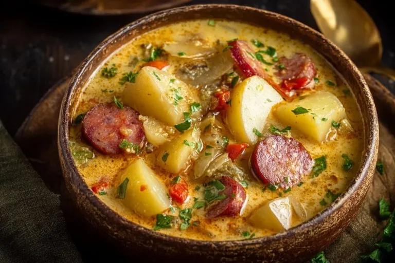 Bowl of delicious Cajun Potato Soup topped with green onions and spices