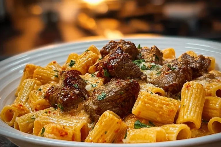 Cajun steak tips served with cheesy rigatoni in a delicious dish