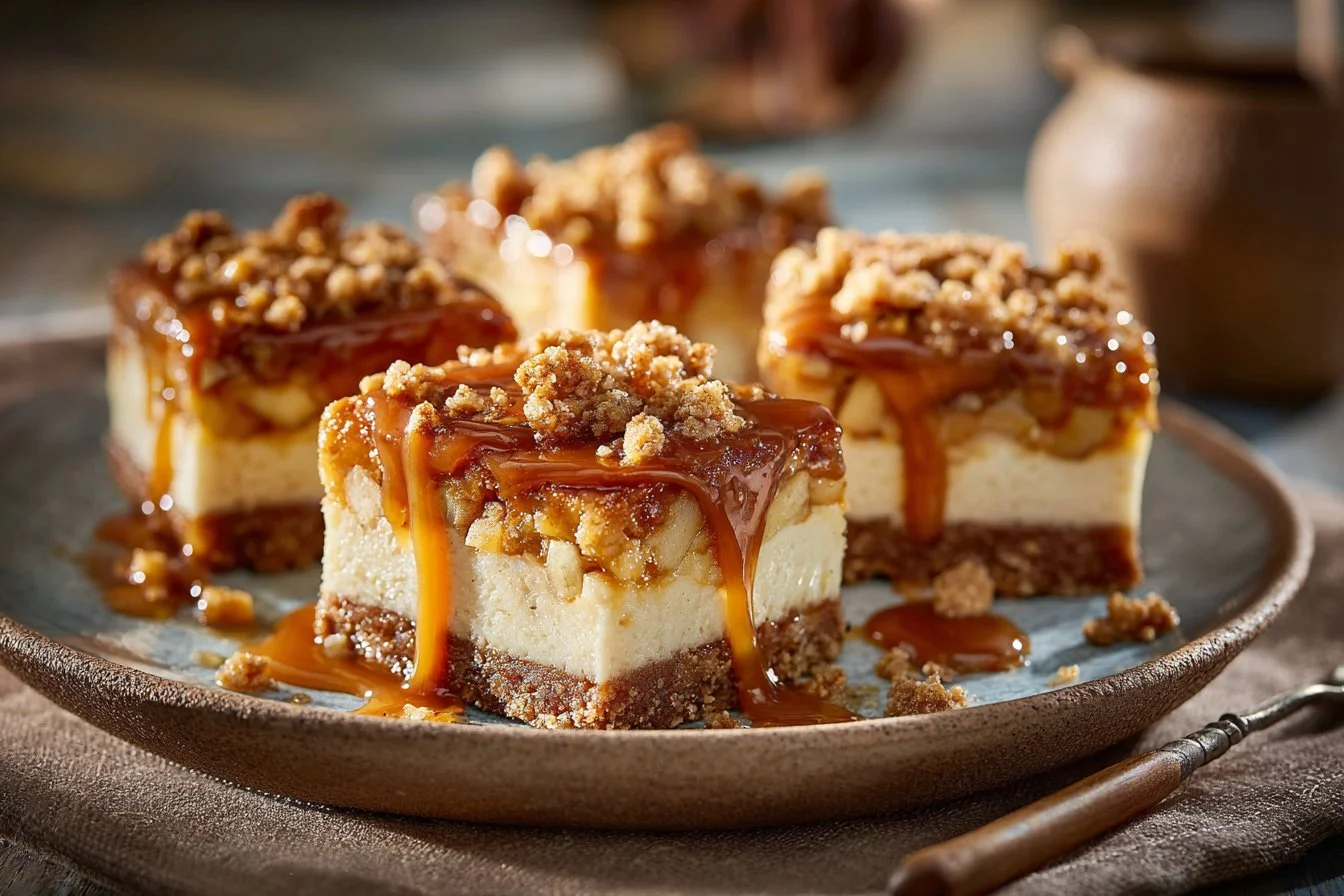 Delicious Caramel Apple Cheesecake Bars topped with caramel drizzle and apple slices