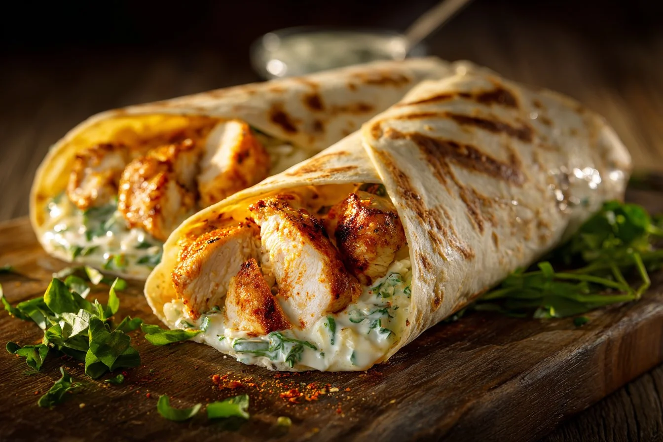 Cheesy garlic chicken wraps with melted cheese and fresh ingredients