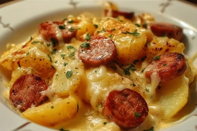Delicious Cheesy Ranch Potatoes with smoked sausage served in a bowl