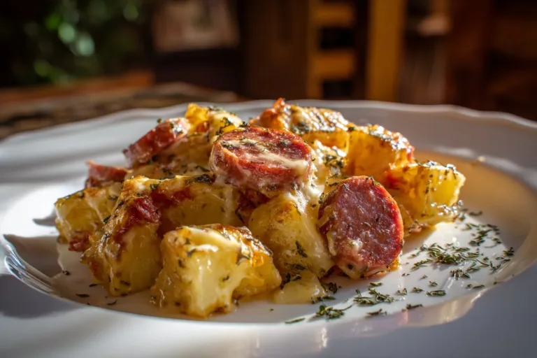 Cheesy ranch potatoes with smoked sausage served in a bowl
