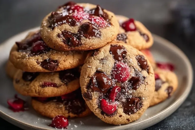 Chewy cherry chocolate cookies fresh out of the oven with chocolate chunks and cherry pieces.