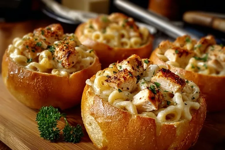 Chicken Alfredo served in garlic bread bowls for a delicious twist on a classic meal