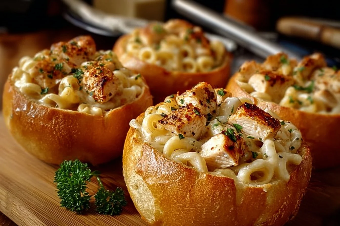 Chicken Alfredo served in garlic bread bowls for a delicious twist on a classic meal