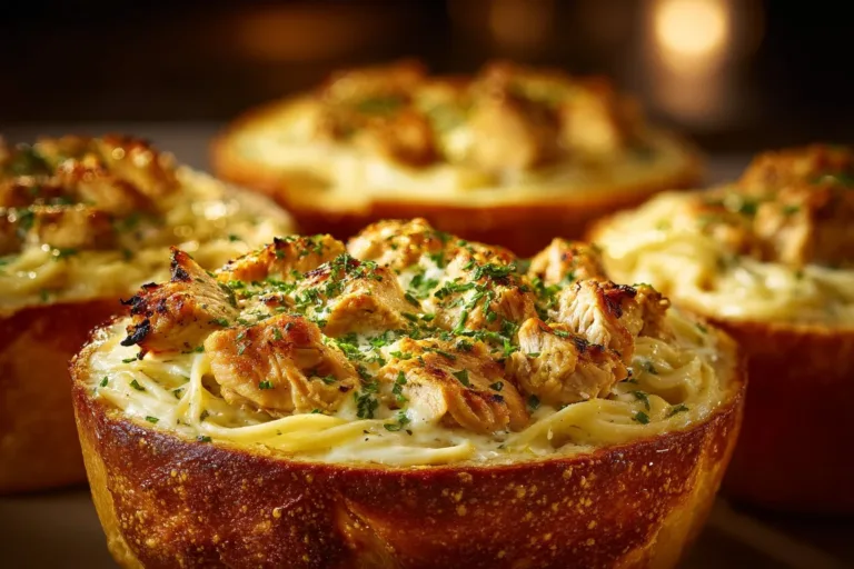 Delicious Chicken Alfredo Garlic Bread Bowls filled with creamy chicken Alfredo
