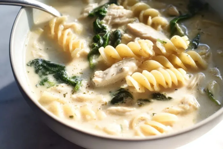 Bowl of creamy Chicken Alfredo Soup topped with herbs and sliced chicken.