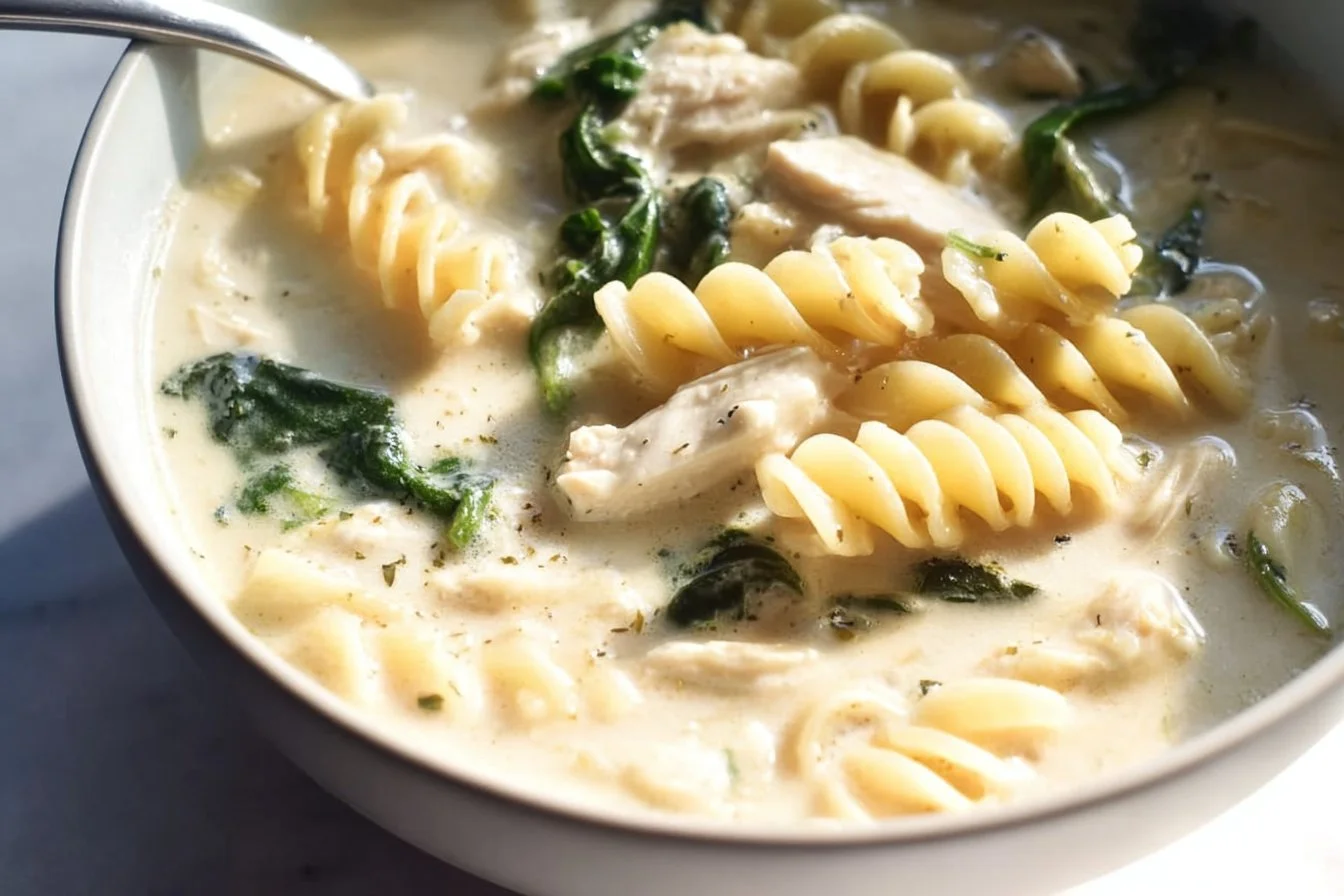 Bowl of creamy Chicken Alfredo Soup topped with herbs and sliced chicken.