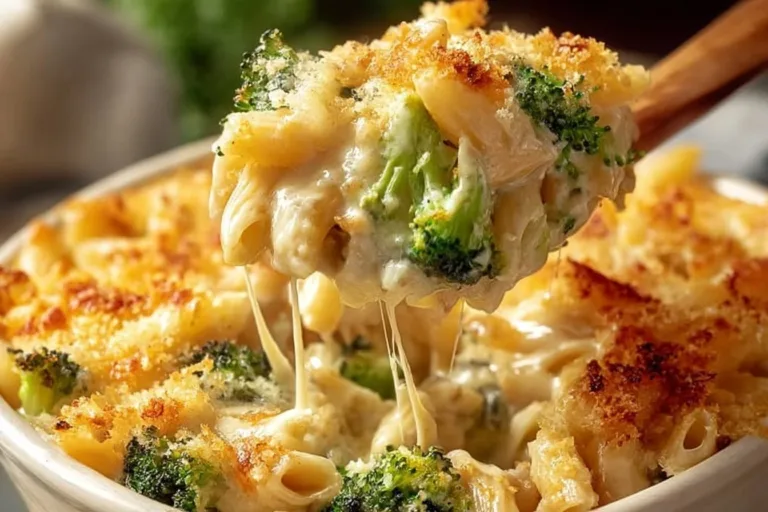 A hearty Chicken Broccoli Alfredo Bake topped with cheese and garnished with parsley