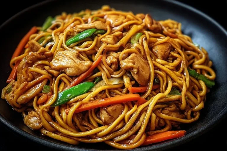 Delicious Chicken Lo Mein served with fresh vegetables and noodles