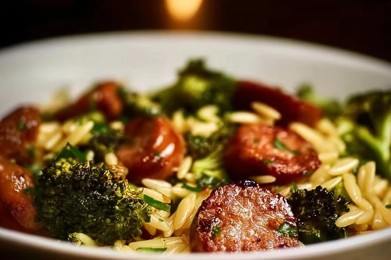 Chicken sausage and broccoli orzo dish served in a bowl