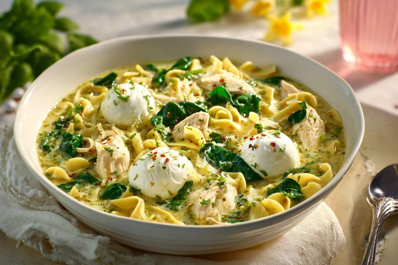 Delicious Chicken Alfredo Lasagna Soup with spinach and creamy sauce