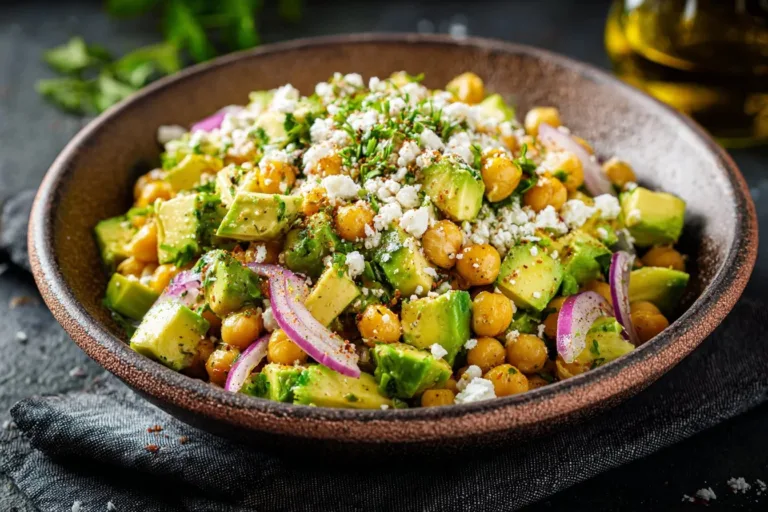 Chickpea Feta Avocado Salad in a bowl with fresh vegetables