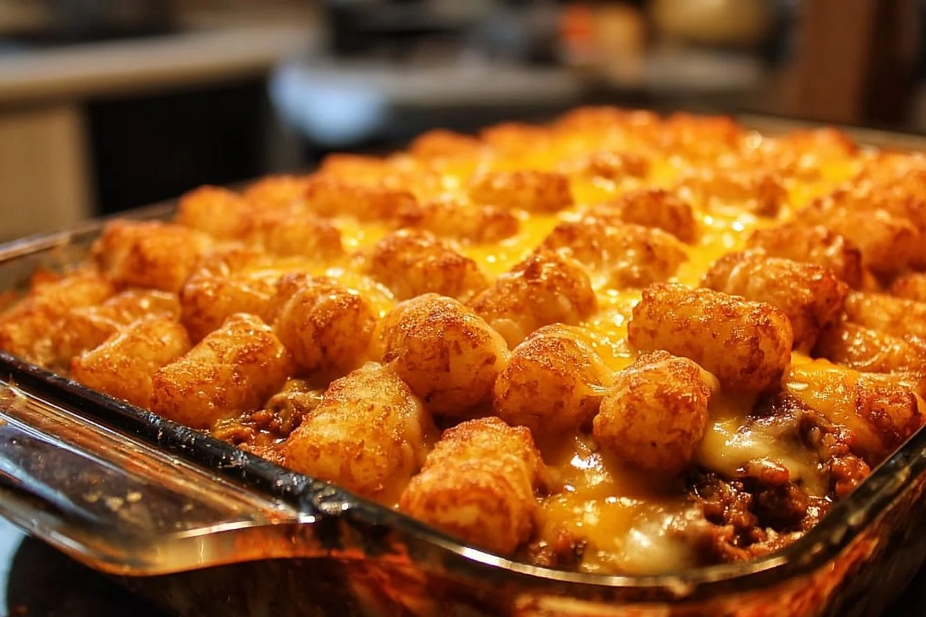 Delicious Chili Cheese Tater Tot Casserole baked with cheese and chili toppings.