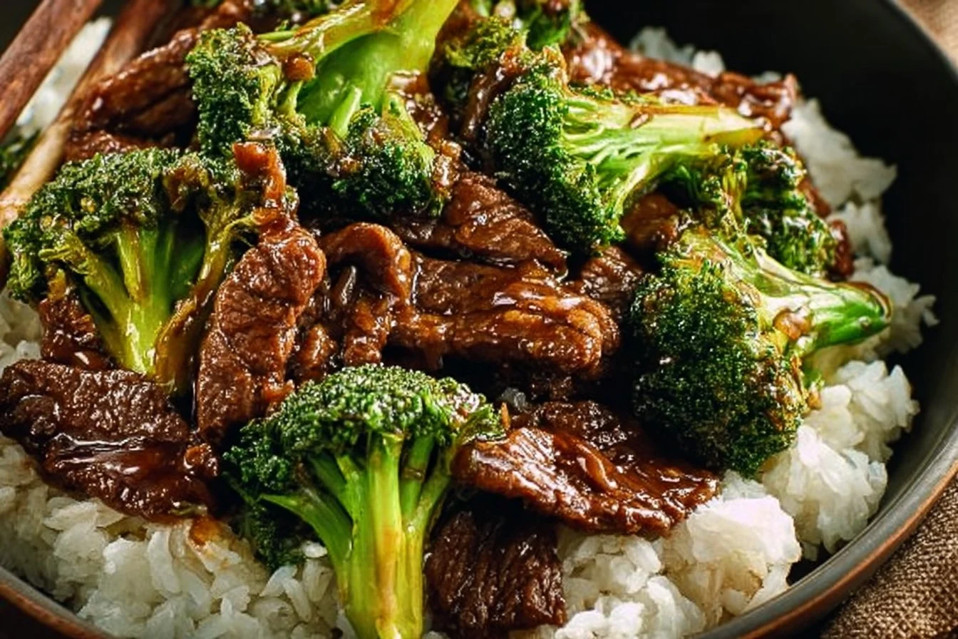 Plate of Chinese Beef and Broccoli stir-fry with tender beef and fresh broccoli