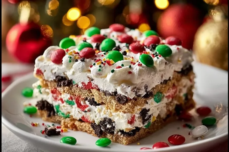 Delicious layered Christmas Cookie Lasagna dessert with festive toppings.
