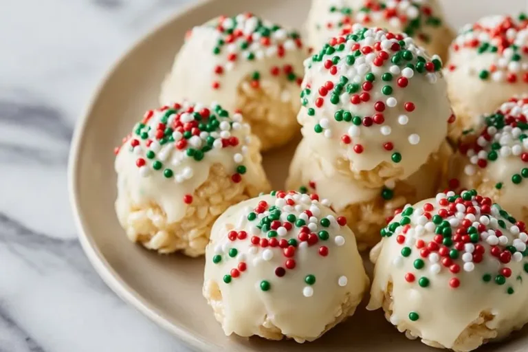 Festive Christmas Rice Crispy Treats decorated with colorful sprinkles
