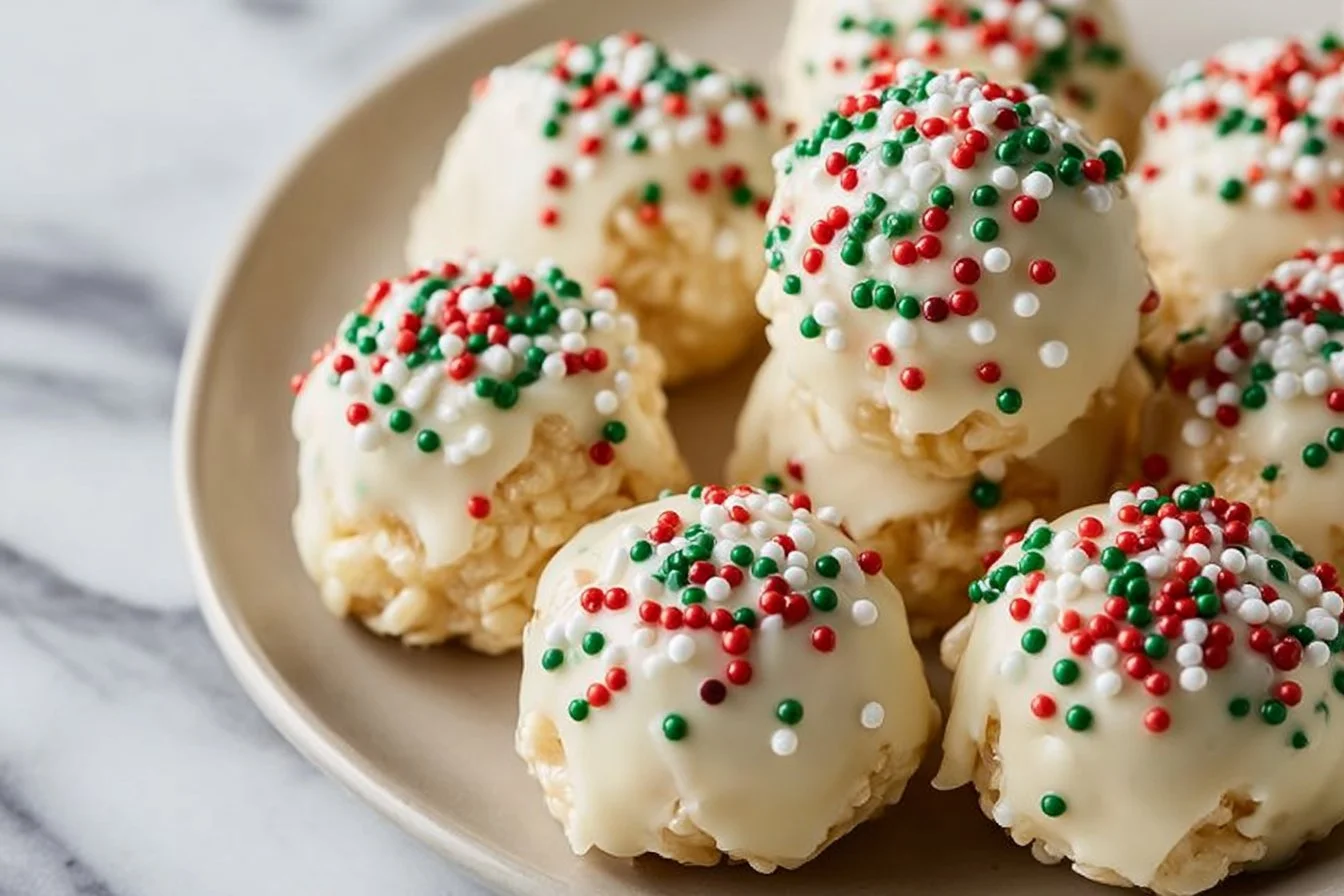 Festive Christmas Rice Crispy Treats decorated with colorful sprinkles