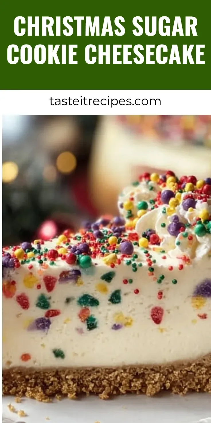 Christmas Sugar Cookie Cheesecake with festive decorations on a dessert table.