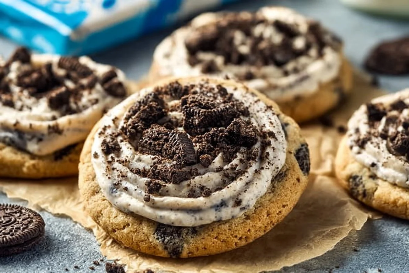 Freshly baked Cookies and Cream Cookies topped with chocolate and cream crumbs