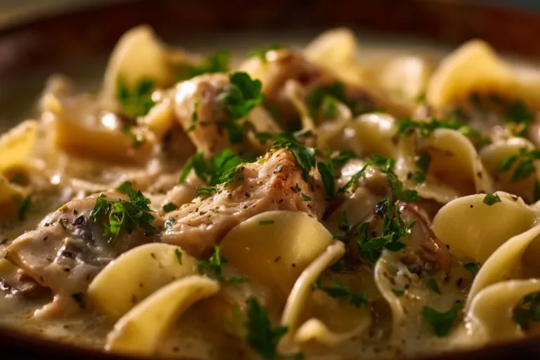Bowl of creamy Alfredo lasagna soup topped with cheese and herbs