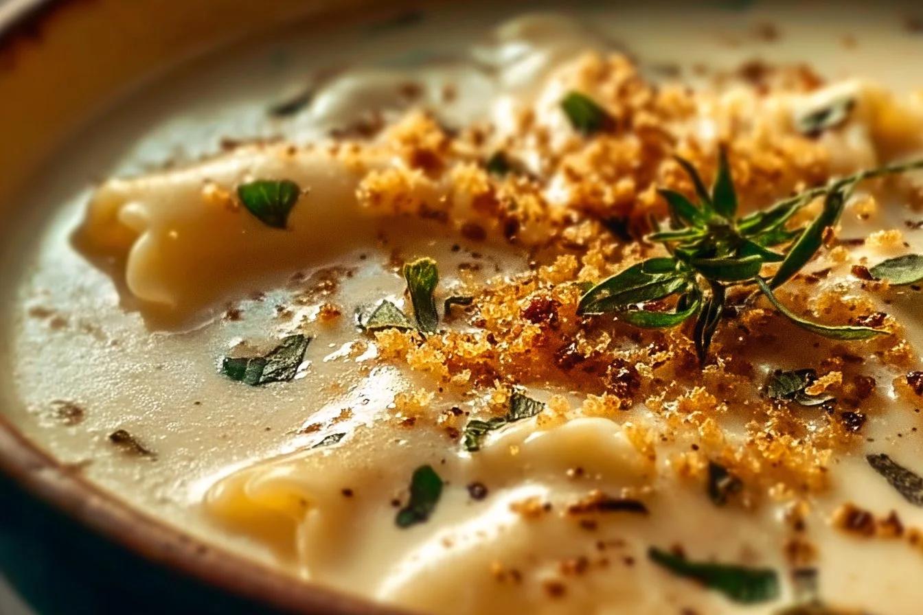 Bowl of creamy Alfredo Lasagna Soup with melted cheese and herbs