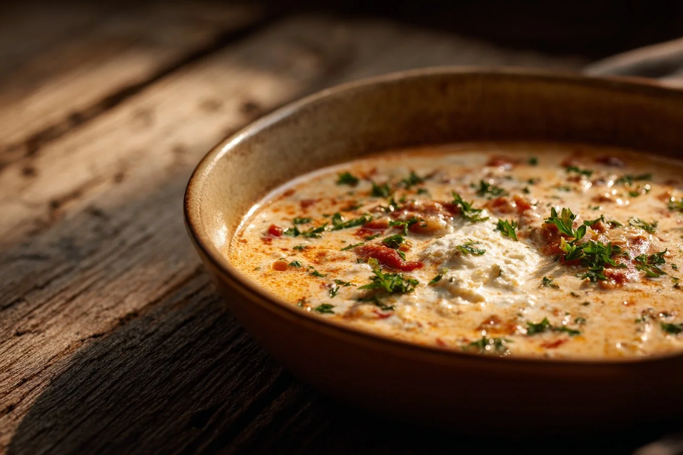 Bowl of creamy Alfredo Lasagna Soup with noodles and cheese toppings