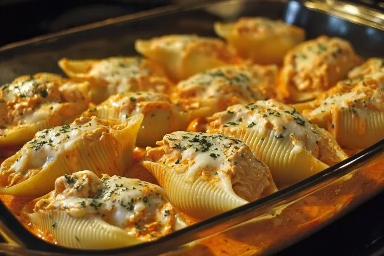 Creamy buffalo chicken stuffed shells on a white plate