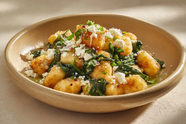 Creamy gnocchi dish with spinach and feta cheese garnished in a bowl
