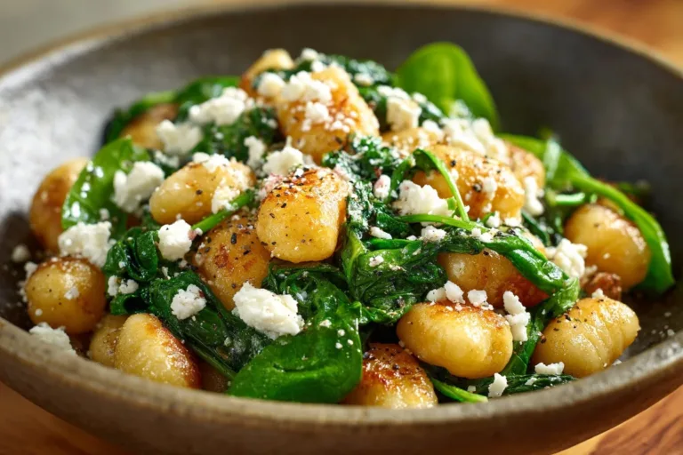 Plate of creamy gnocchi with spinach and feta topped with herbs