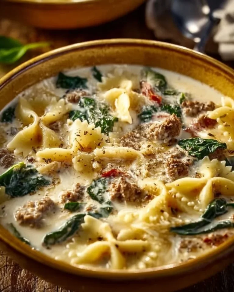 Bowl of creamy lasagna soup topped with cheese and fresh herbs
