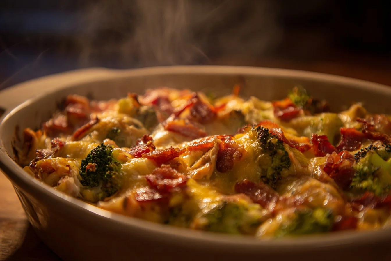 Creamy low carb chicken casserole served in a baking dish with fresh herbs.