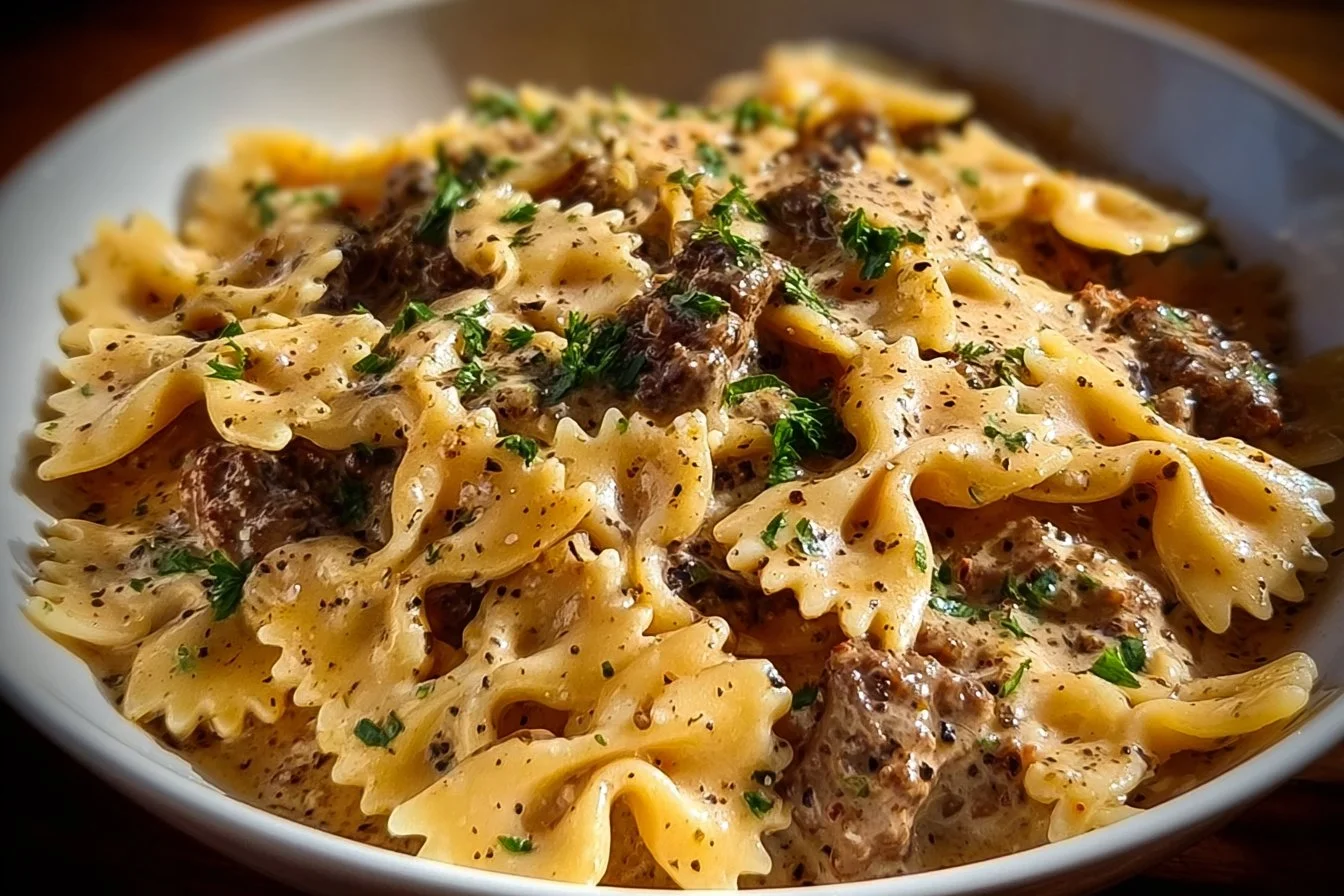 Creamy Parmesan Garlic Beef Bowtie Pasta served in a bowl with herbs on top.