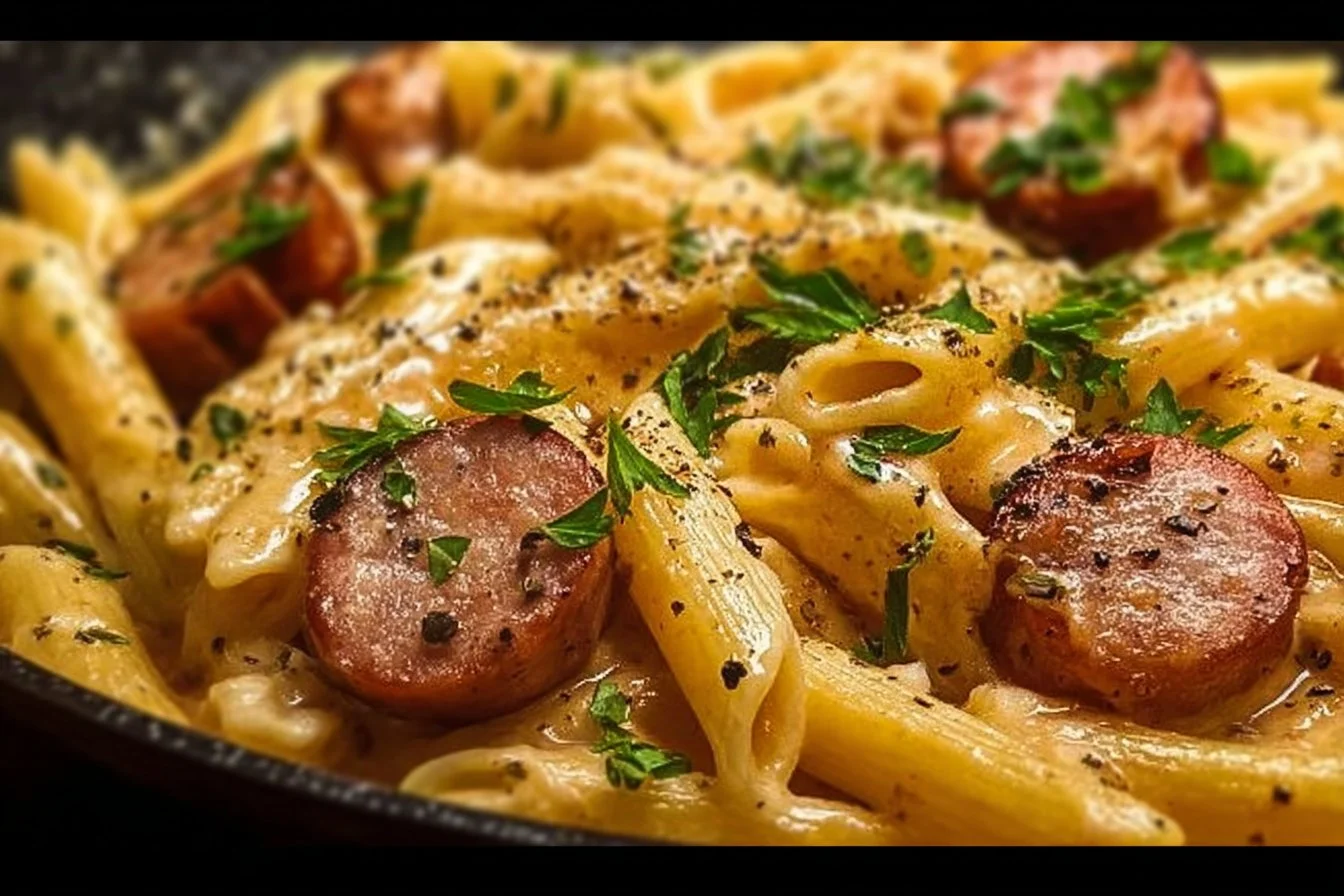 Creamy smoked sausage pasta garnished with herbs in a bowl