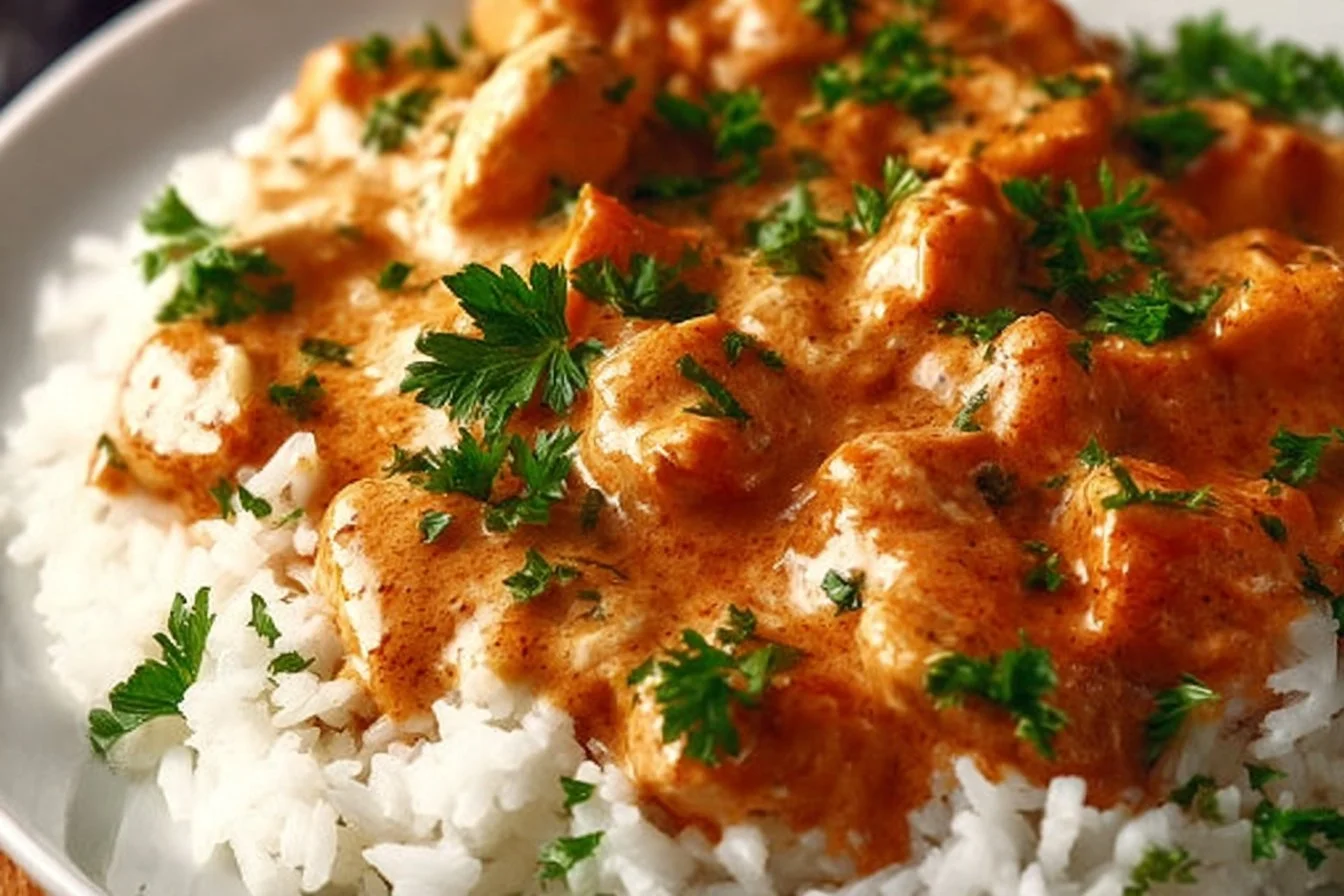 Delicious creamy smothered chicken served with rice on a plate