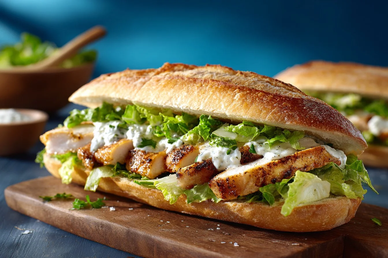 Crispy Chicken Caesar Sandwich with lettuce and Caesar dressing on a toasted bun
