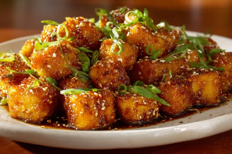 Crispy honey garlic tofu served with vegetables on a plate