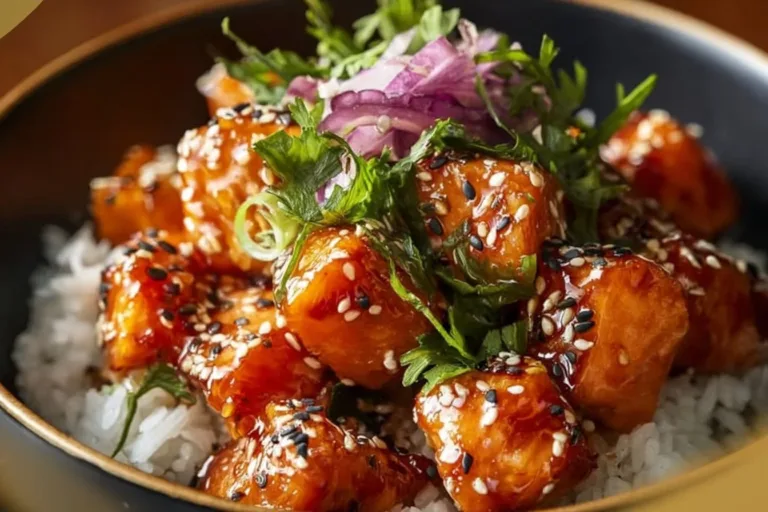 Crispy salmon and rice bowl garnished with fresh vegetables and sauce