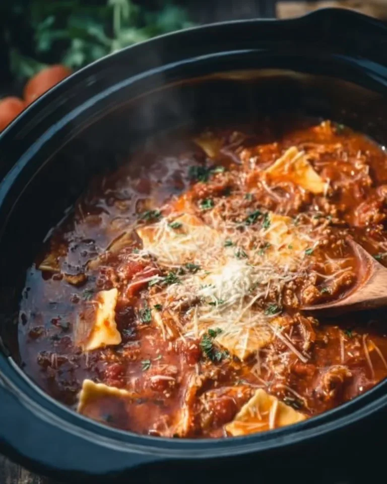 Delicious bowl of Crock Pot Lasagna Soup topped with cheese and herbs