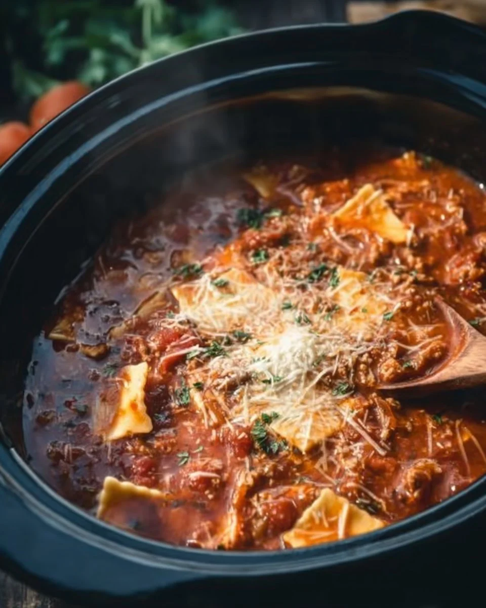 Delicious bowl of Crock Pot Lasagna Soup topped with cheese and herbs