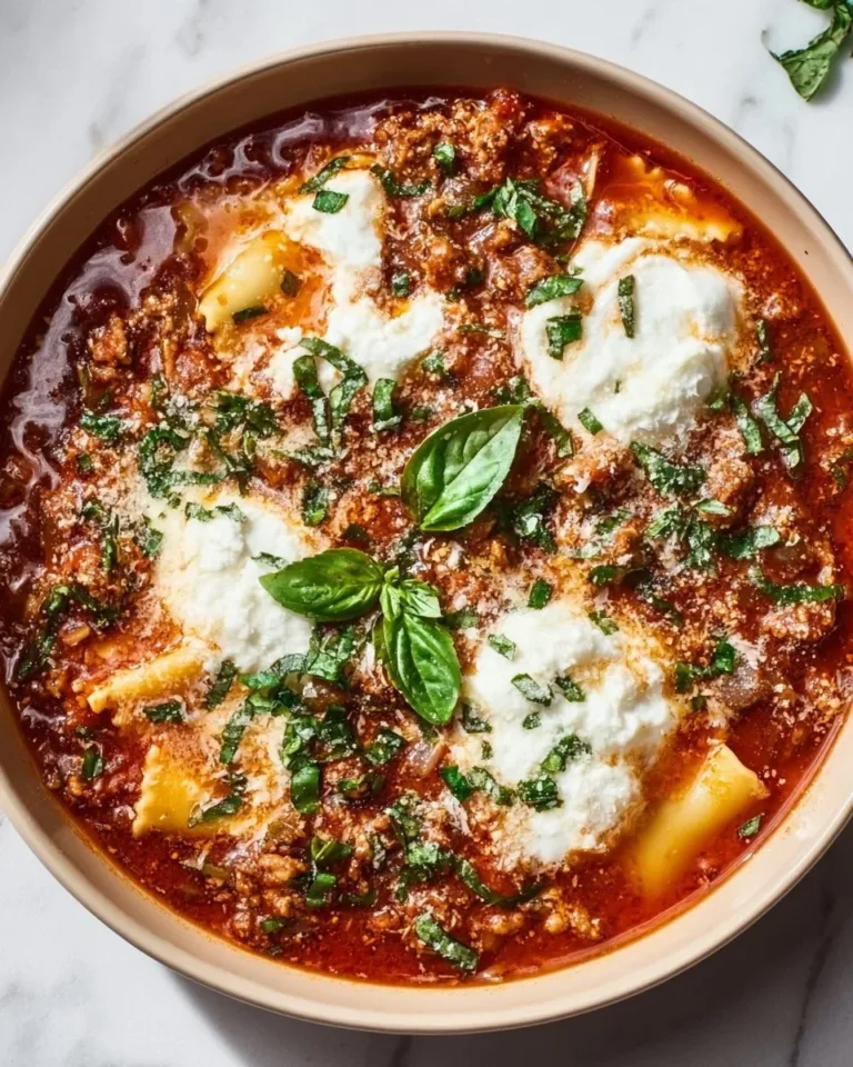 Crockpot Lasagna Soup served in a bowl with cheese and herbs
