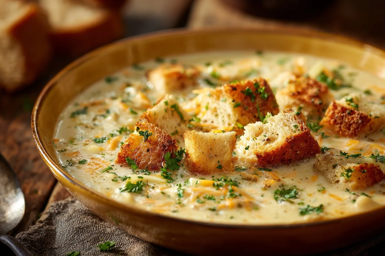 Bowl of decadent creamy Alfredo lasagna soup topped with herbs and cheese