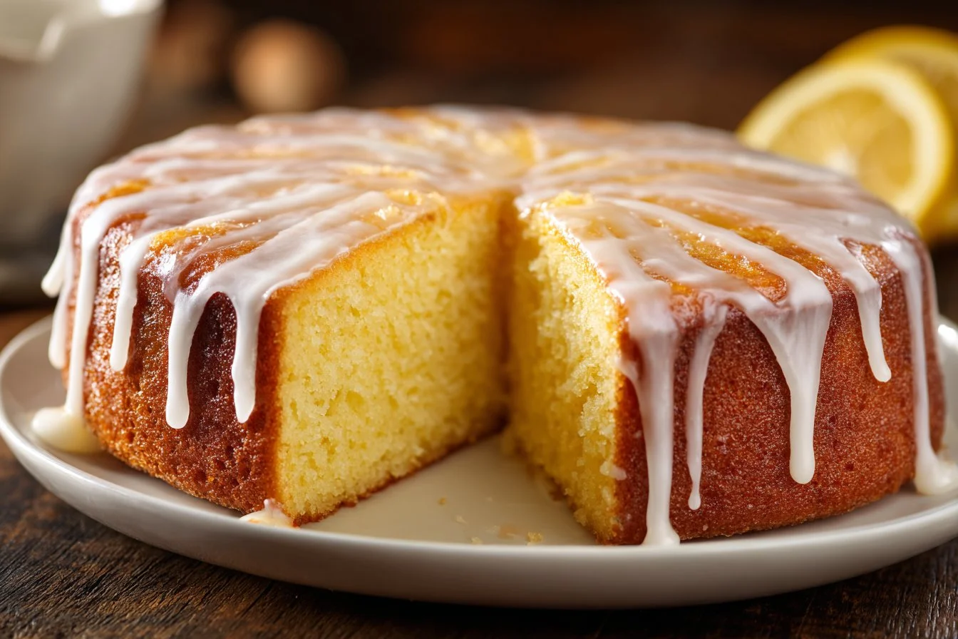 Sliced delicious lemon cake with fresh lemon slices and frosting