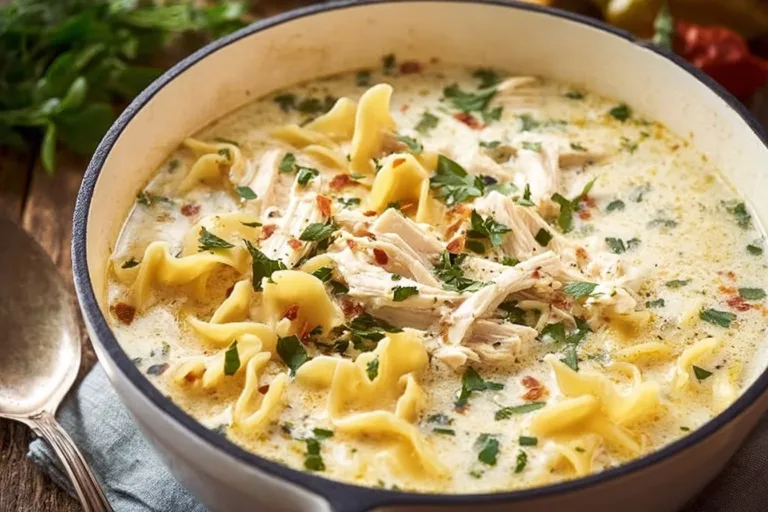 A bowl of delicious white chicken lasagna soup topped with cheese and herbs