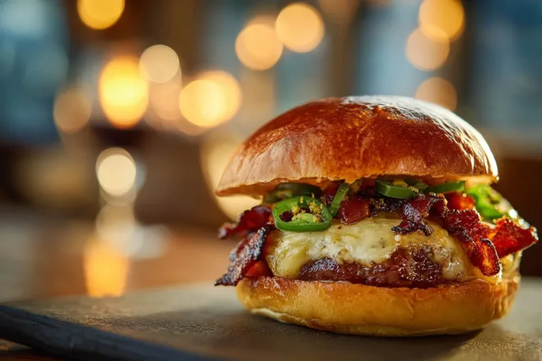 Double-Decker Jalapeño Popper Burger with ranch drizzle on a wooden board
