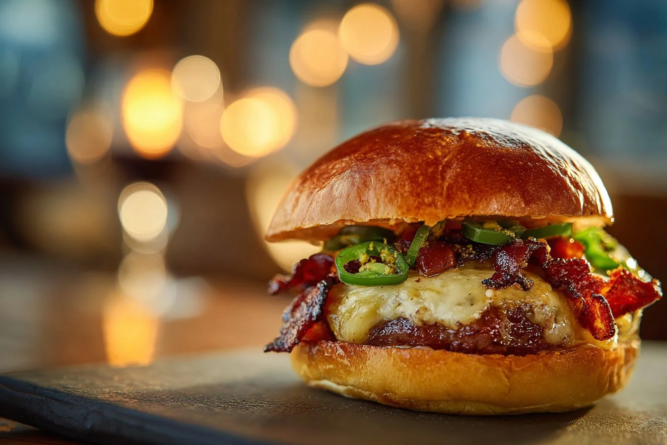 Double-Decker Jalapeño Popper Burger with ranch drizzle on a wooden board