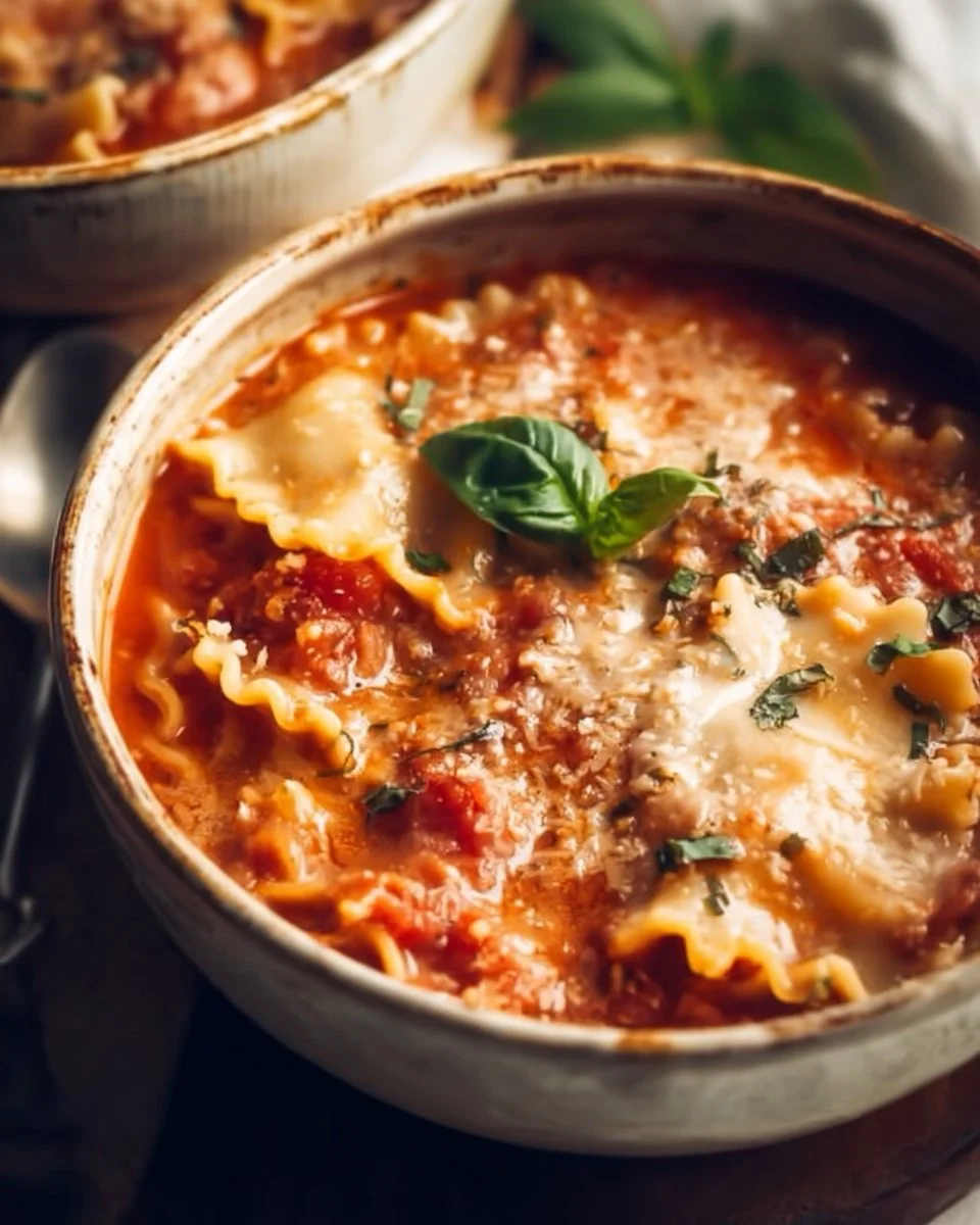 Bowl of easy creamy lasagna soup with cheese and herbs on top